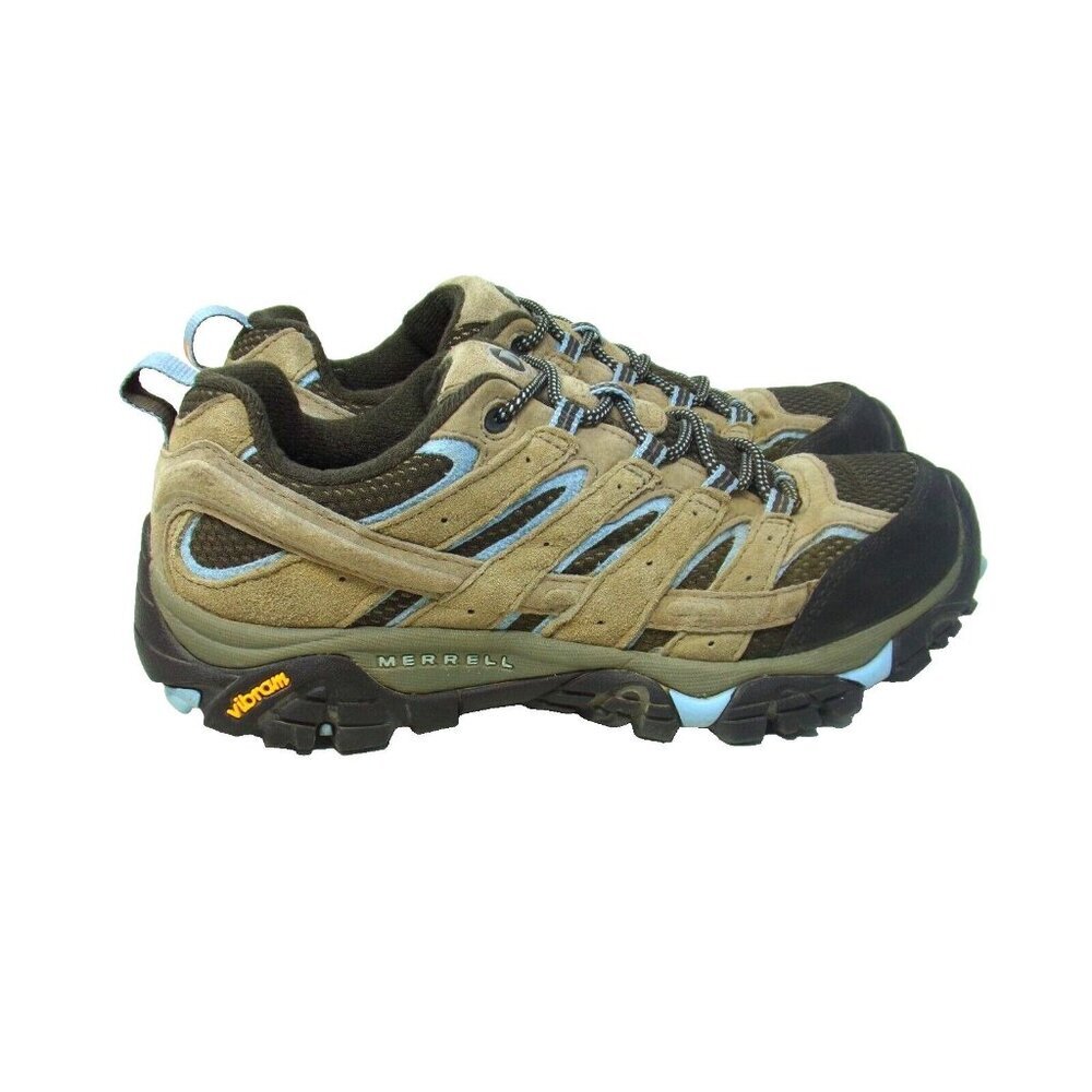 Merrell Women's Moab 2 Lace Up Blue Tan Suede Hiking Shoes Sz 9 Outdoor